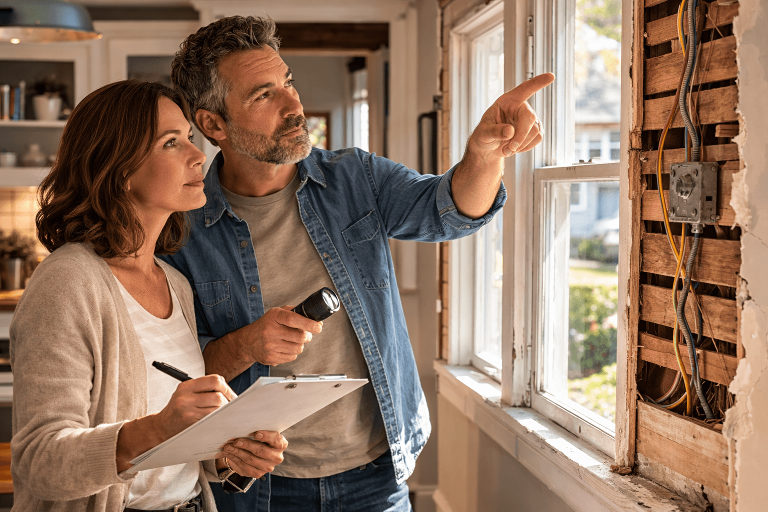 Photorealistic older home being evaluated by a cautious buyer or inspector