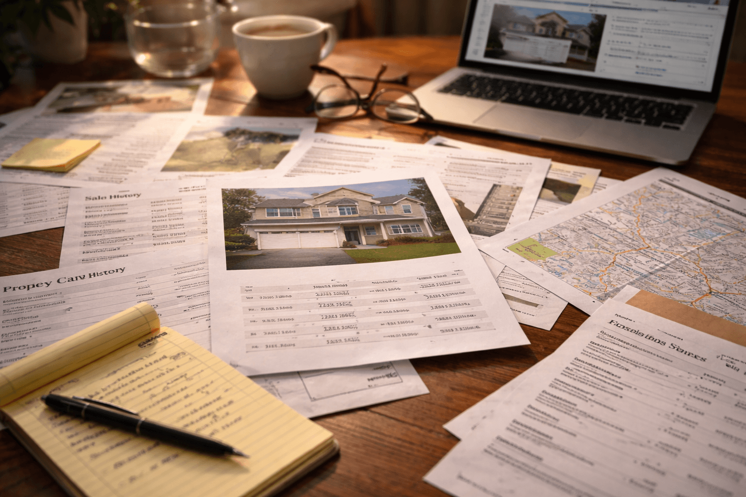 Photorealistic home buyer reviewing free property records and notes before buying a house