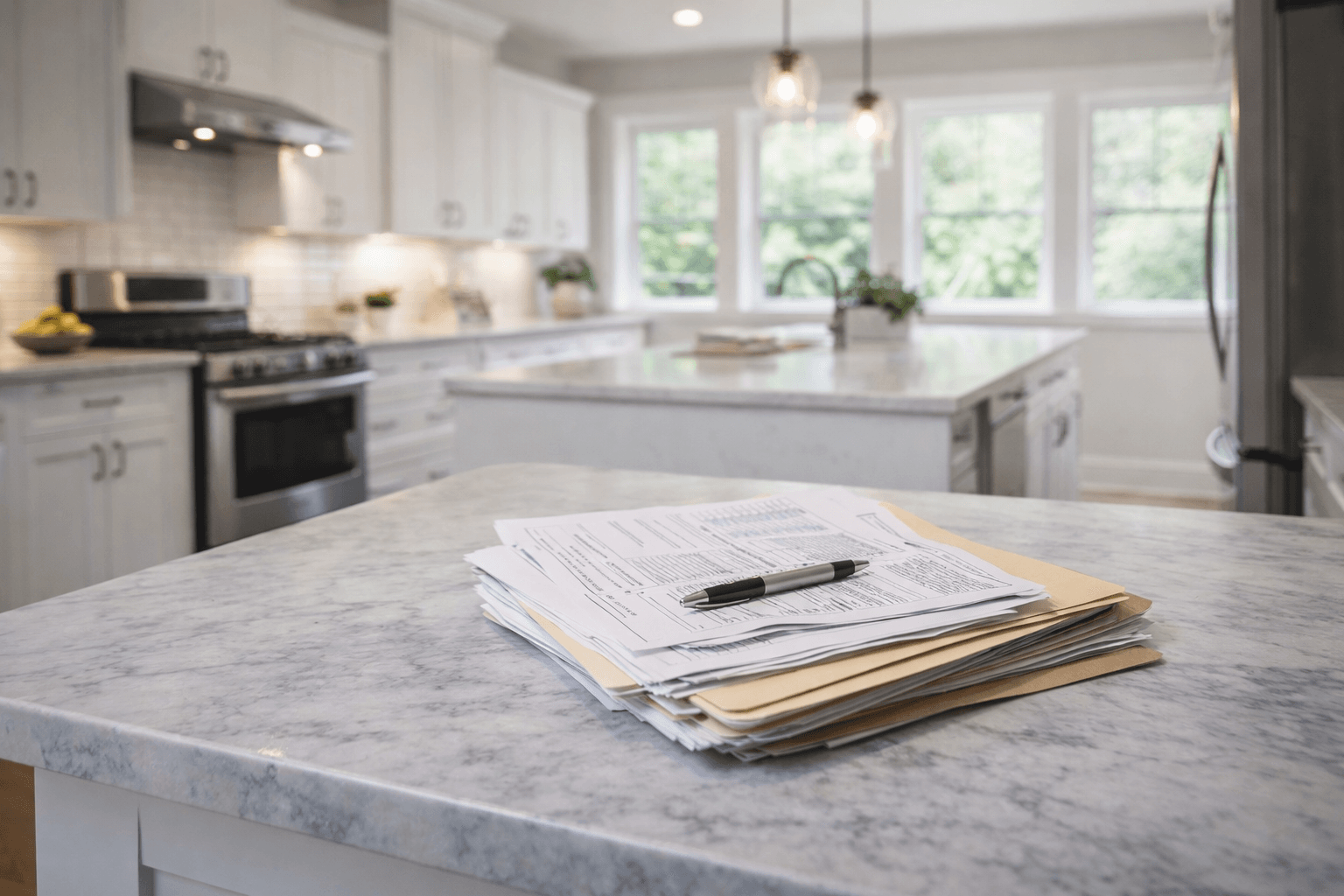 Photorealistic renovated home interior with permit paperwork on a counter