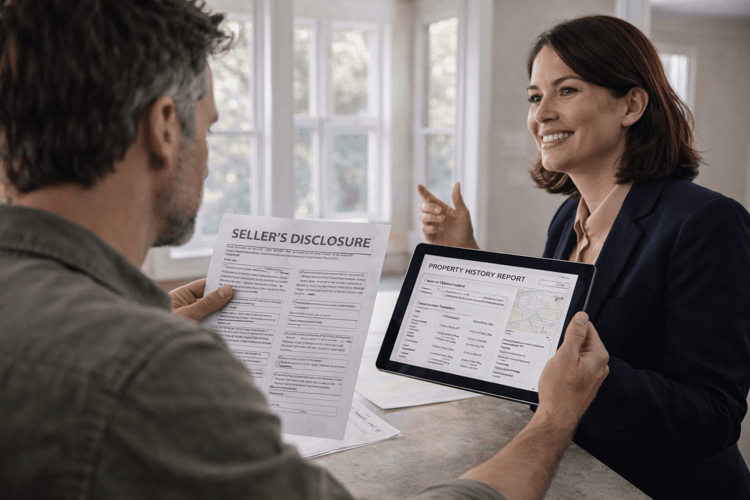 Photorealistic buyer reviewing disclosure paperwork and property records at home