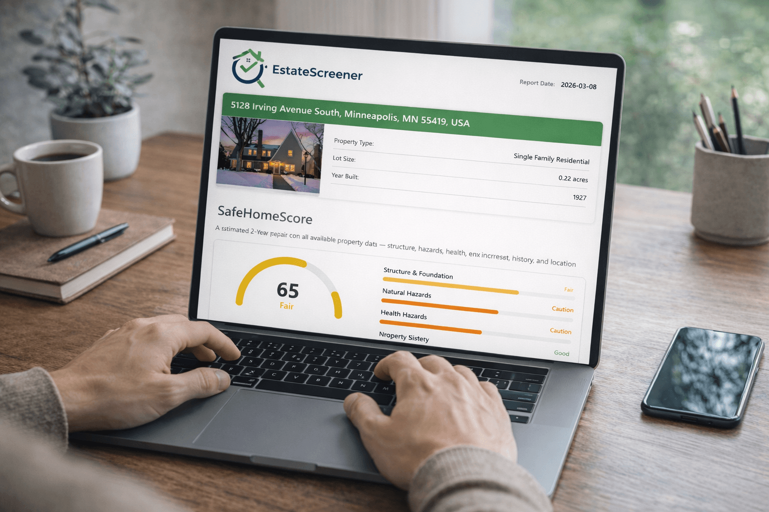 Sample EstateScreener report displayed on a laptop