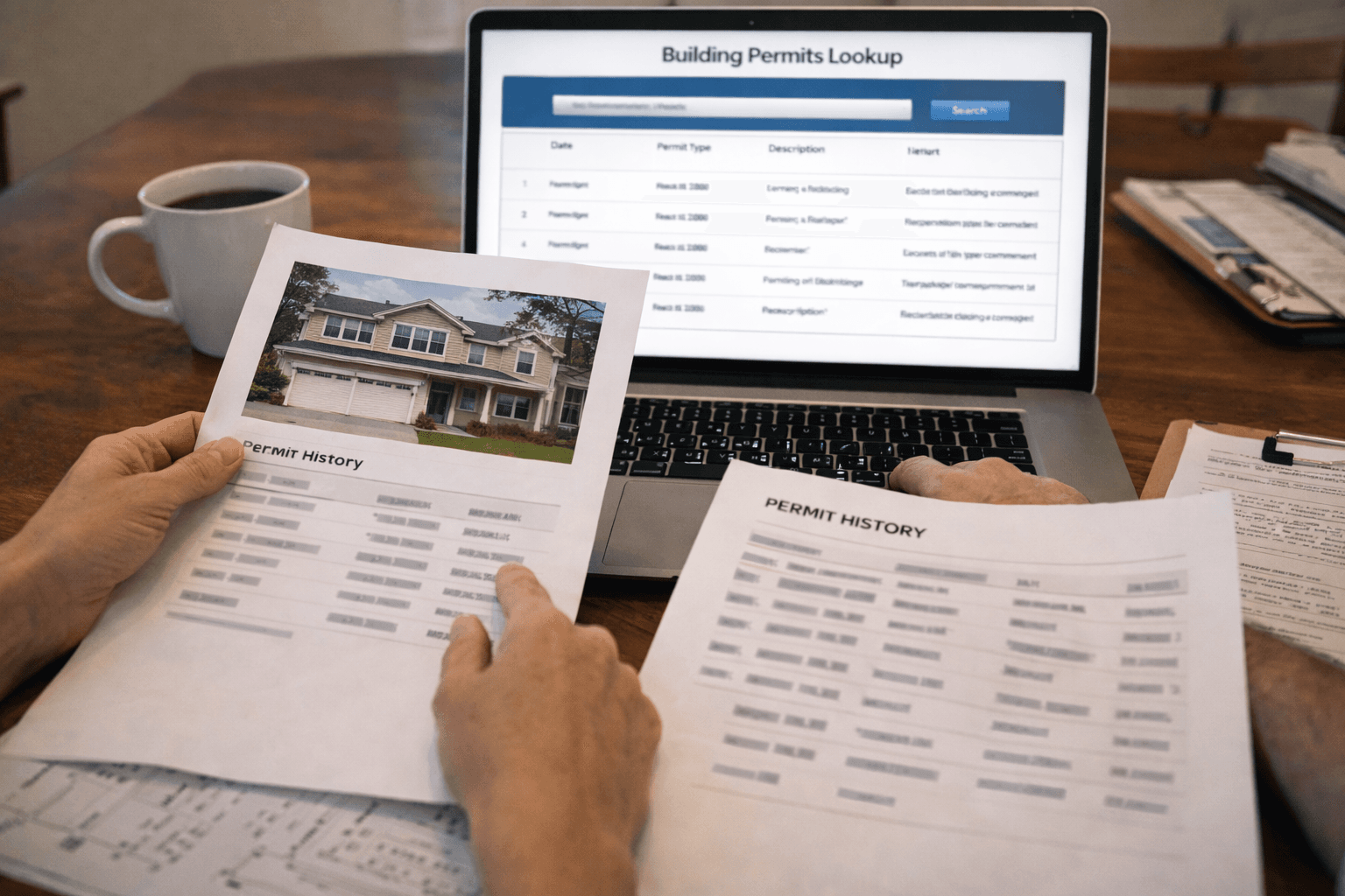 Photorealistic renovated home interior with permit paperwork ready for review