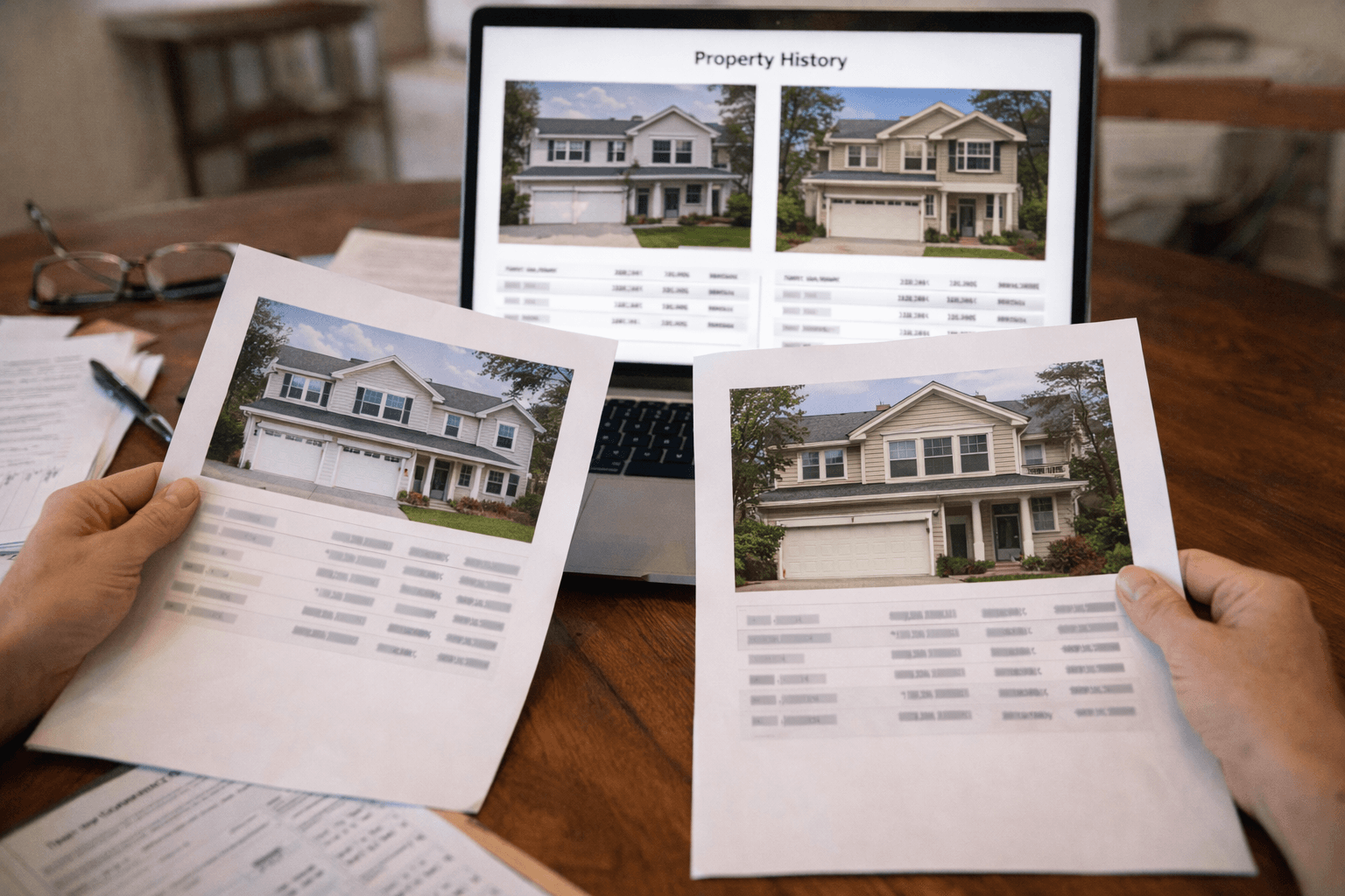 Photorealistic buyer comparing two homes using notes and documents at a table