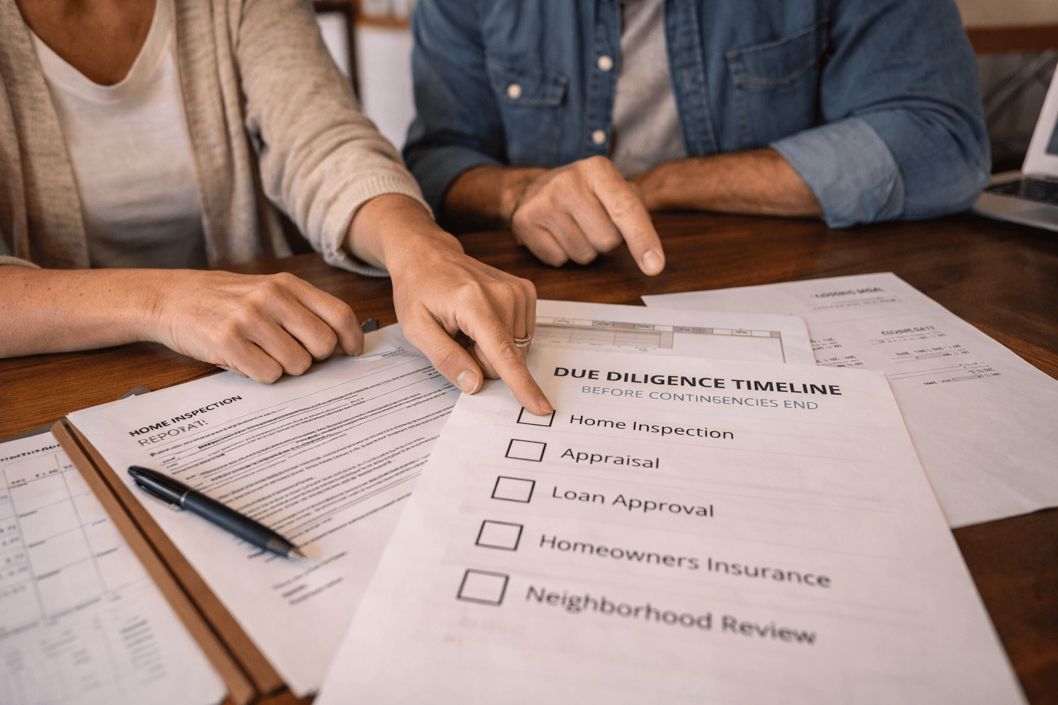 Photorealistic buyer organizing a due diligence timeline with calendar and paperwork