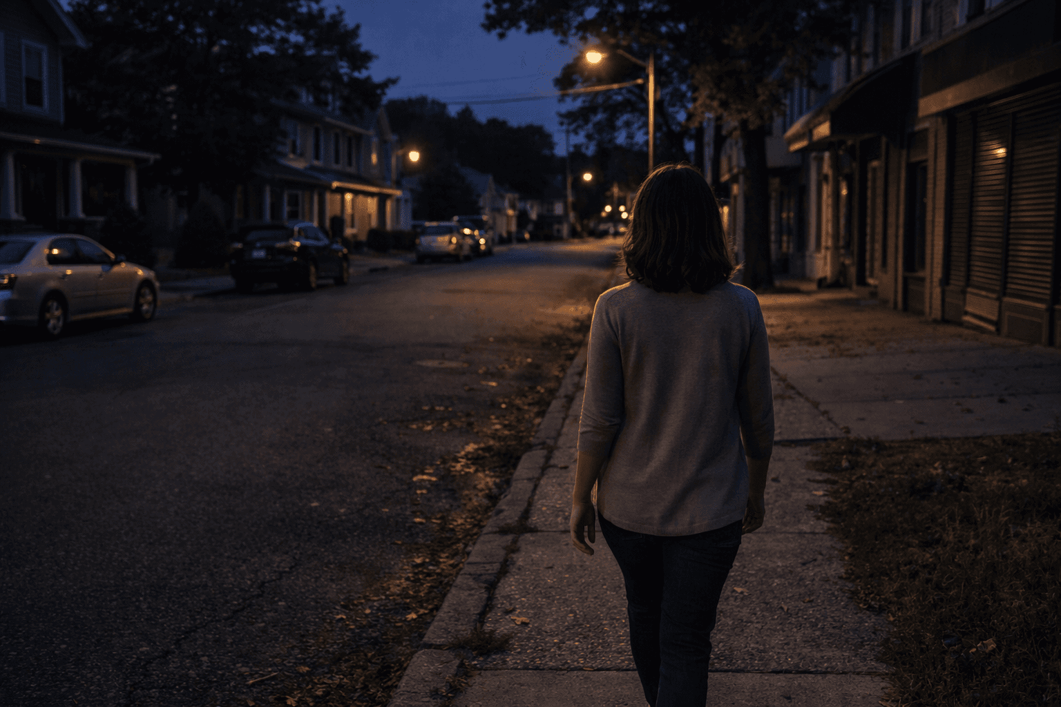 Photorealistic home buyer assessing a suburban street and neighborhood before buying