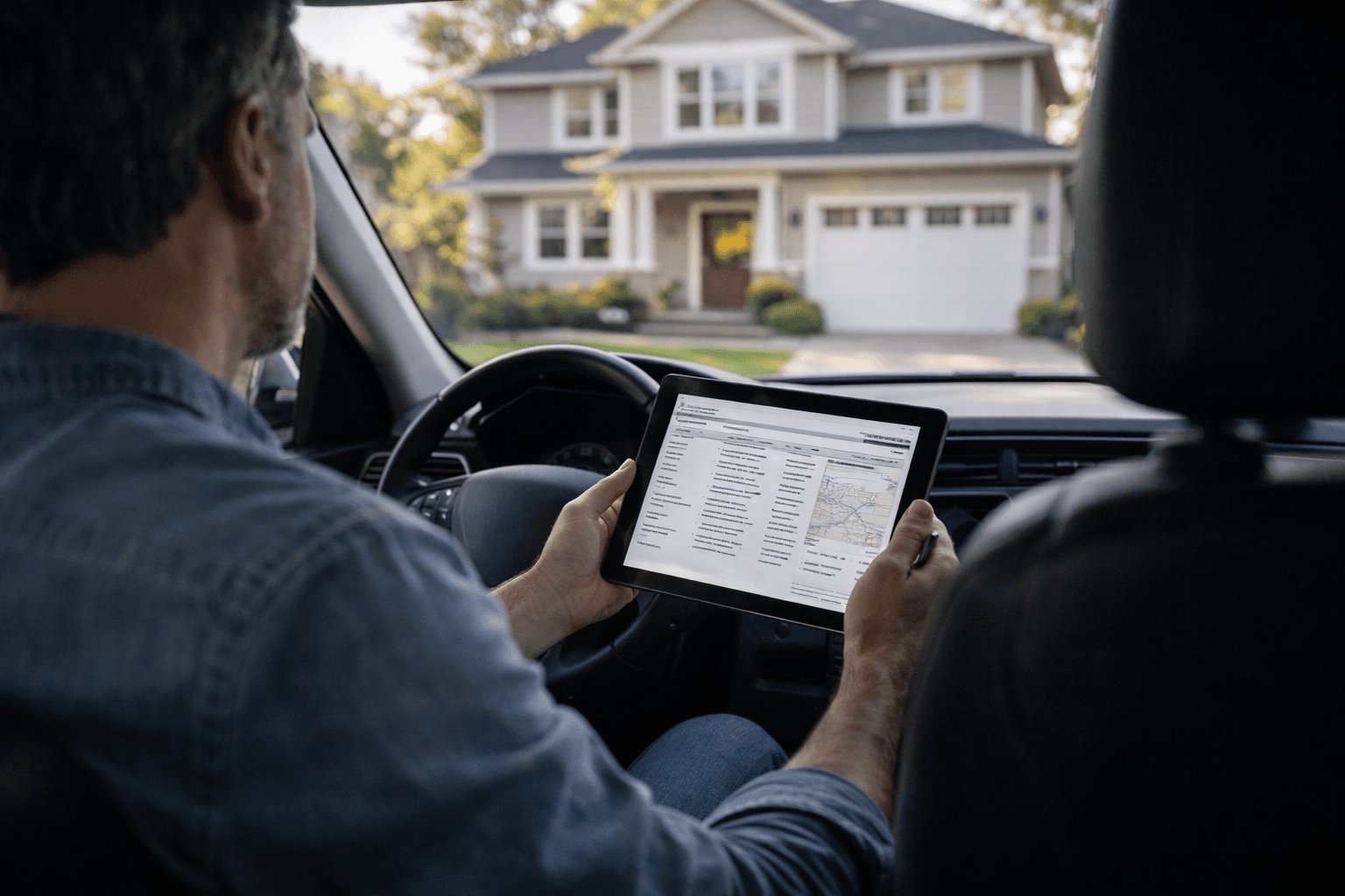 Photorealistic home buyer reviewing property history records before making an offer