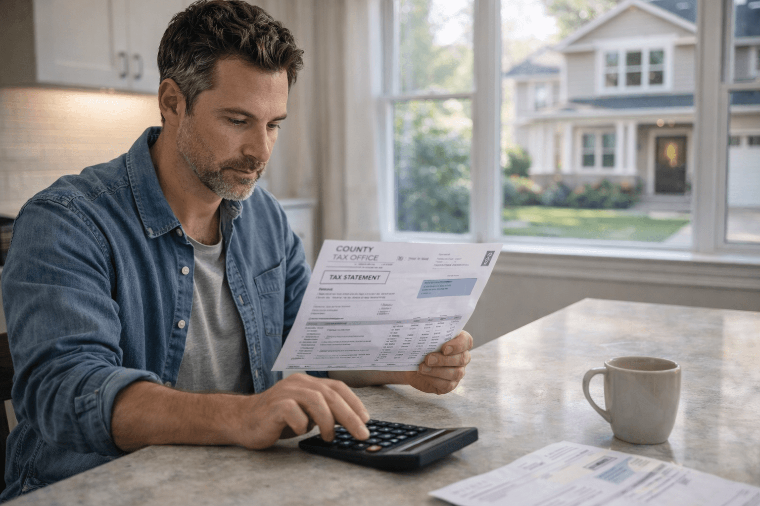 Photorealistic buyer reviewing tax paperwork and ownership costs before buying a home