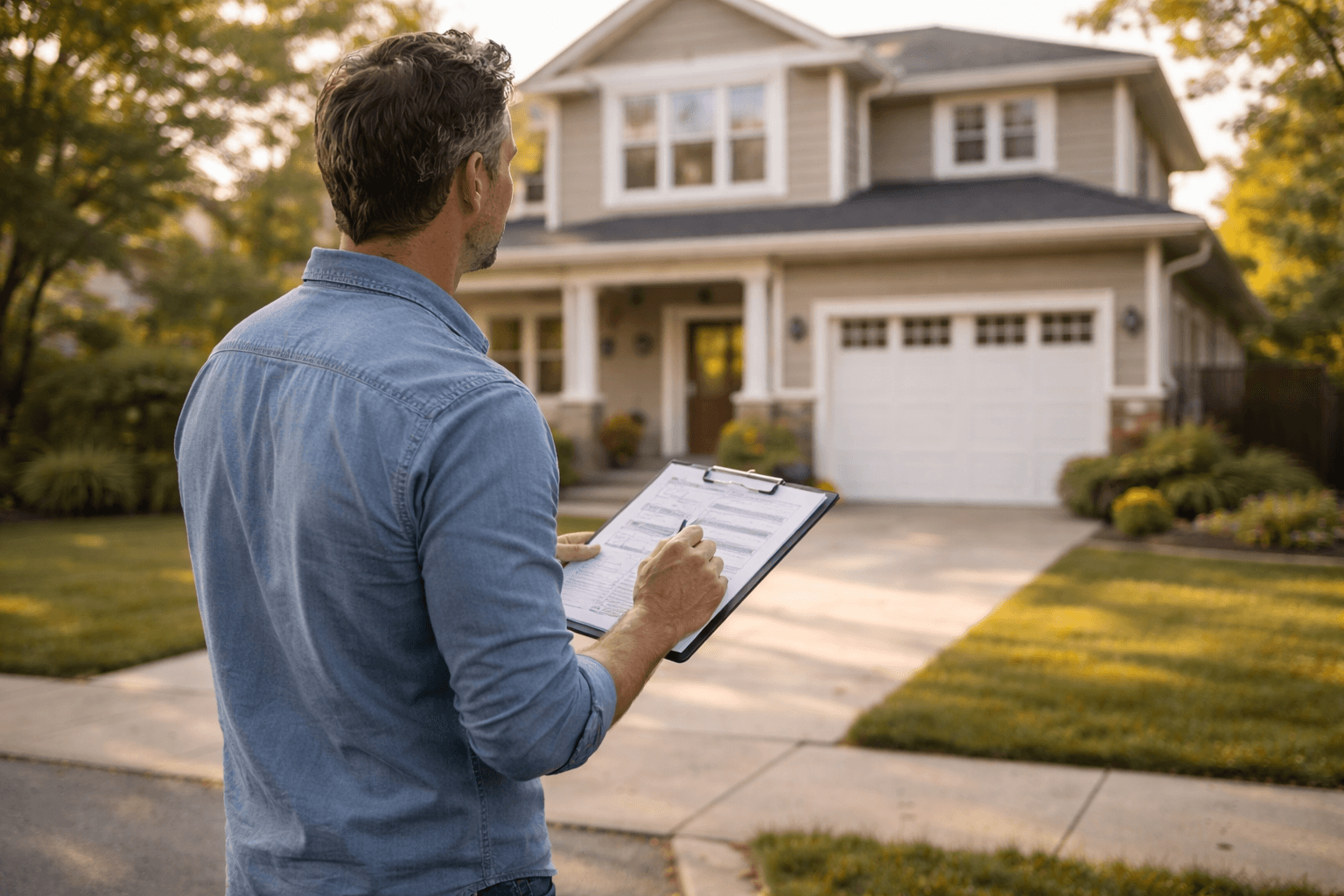 Photorealistic home buyer reviewing a due diligence checklist and purchase documents at a table