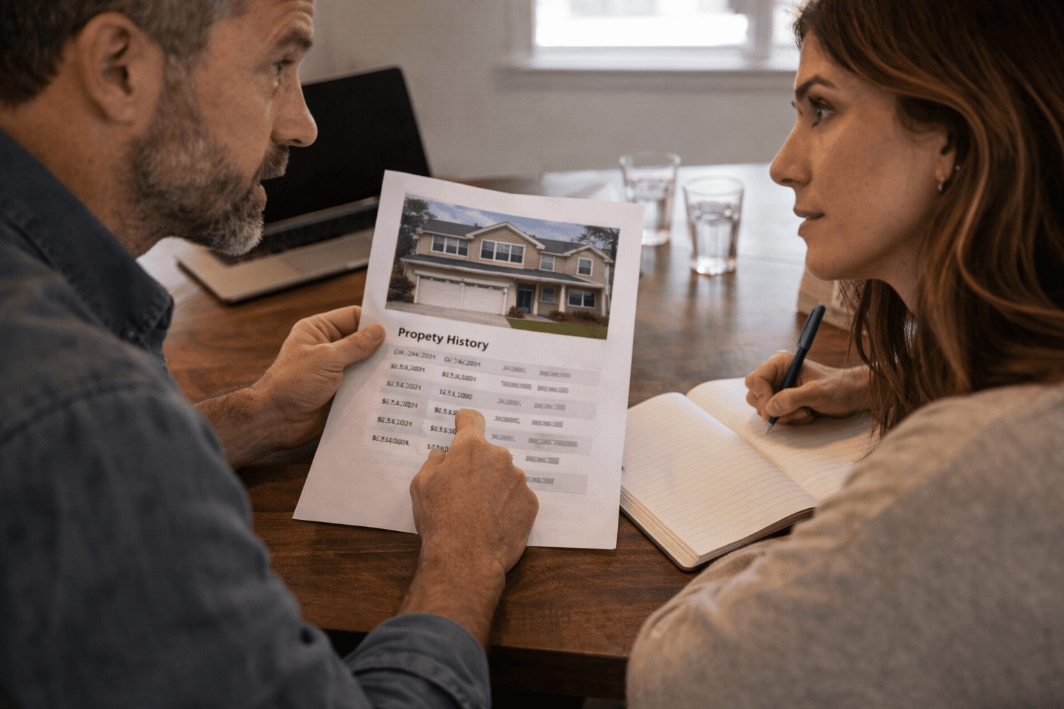 Photorealistic buyer preparing a confident offer using property records and notes