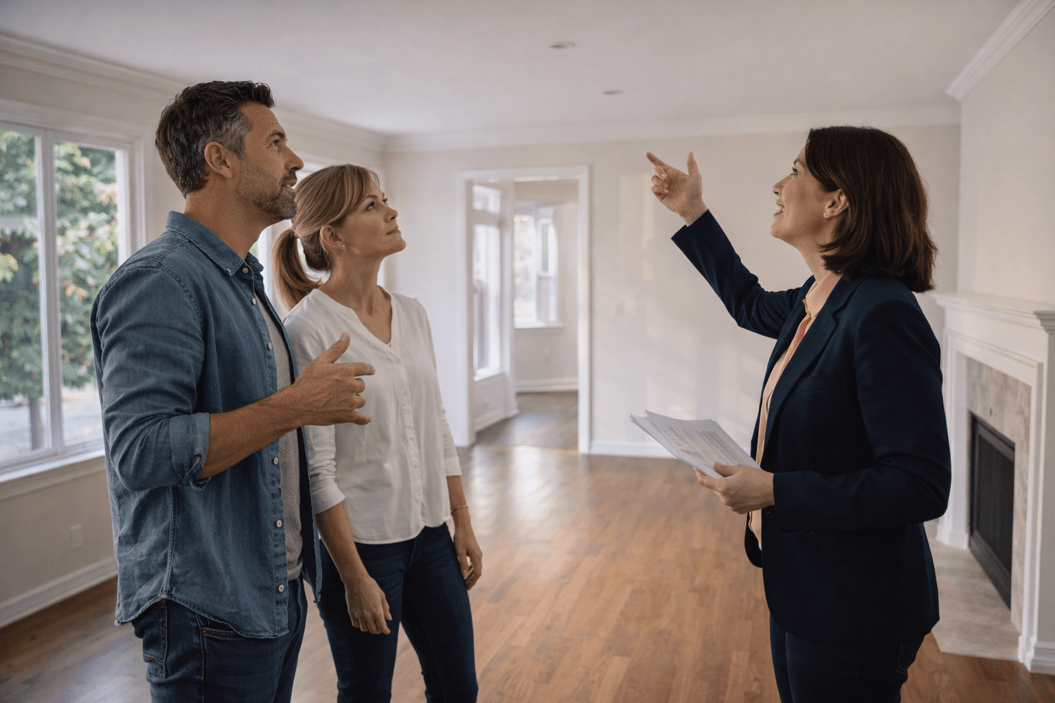 Photorealistic buyer and advisor reviewing real estate documents together